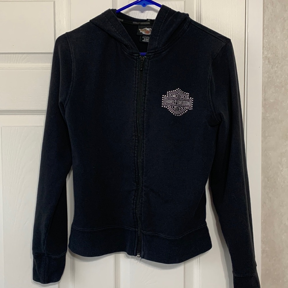 Harley Davidson women’s sz medium lightweight zip up w/hood. GUC. fading